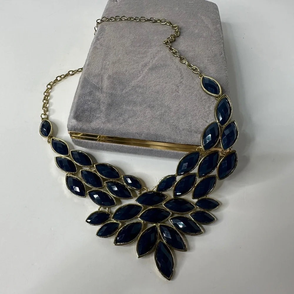 Navy Blue Marquise Rhinestone Bib Necklace Gold Tone Statement Adjustable Chain‎
